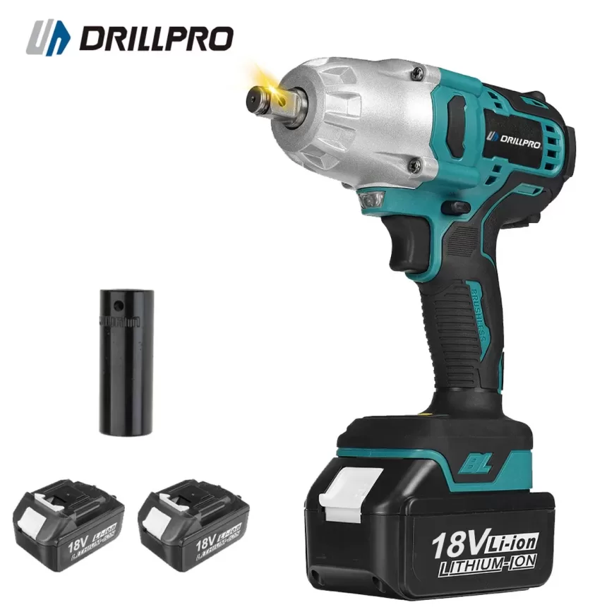 Drillpro 18V Brushless Electric Wrench 0-6200 RPM 800N.M Torque LED Work Lights Suitable for Construction Woodworking Heavy Duty Maintenance - without battery but accessories